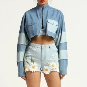 REHAB 2-Tone Denim Chambray Zip-up Crop Top